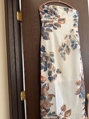 Strapless Commense Floral Maxi Dress in White with Blue & Tan Print